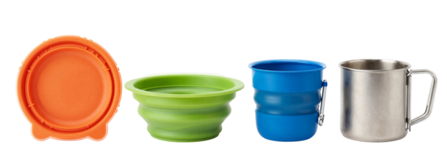 Photograph of four cups: orange lid, green bowl, blue bucket, and silver mug, all arranged in a straight line on.
