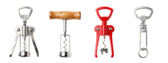 Four wine openers in a row: silver with a spiral corkscrew, silver with a wooden handle, red with a spiral corkscrew, and silver with a loop handle.