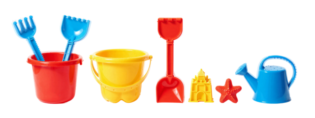 Photograph of colorful plastic beach toys: blue shovel and fork in red bucket, yellow bucket, red shovel, yellow castle, red starfish, blue watering can.