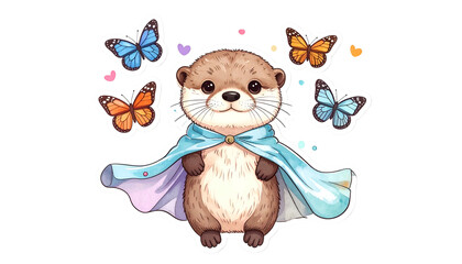 Cute otter superhero wearing a cape, surrounded by colorful butterflies