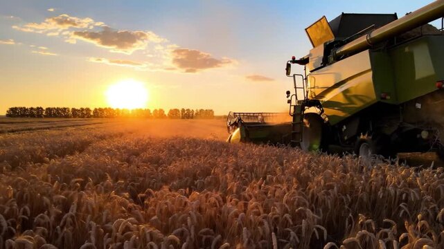 A combine harvester in a golden wheat field during a serene sunset video agriculture farming video