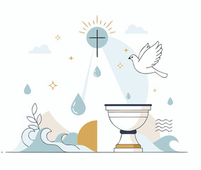 Symbolic Christian baptism ceremony, peaceful mood with cross, font and dove, modern flat vector style on white background
