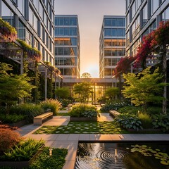 Modern urban oasis with lush greenery and architectural marvels.