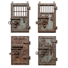 Four distinct, heavily aged, industrial metal prison cell doors exhibiting intense rust patina and complex locking mechanisms, sharply isolated on a transparent background. Conceptual study of