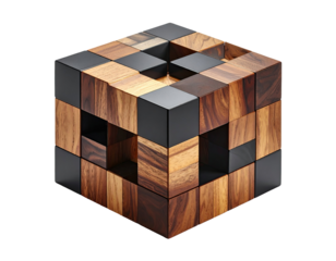 A group of different red and gray geometric 3d cubes forming a square block structure on a white background as a business concept for a construction puzzle solution