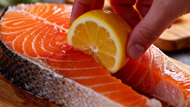 Fresh salmon fillet on wooden board