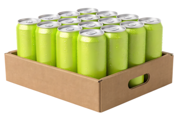 A full 24 pack of bright lime green aluminum soda cans, in cardboard box, cutout, PNG isolated on white or transparent background