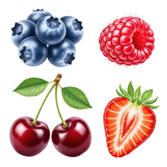 watercolor illustration of fresh summer berries&mdash;blueberries, raspberries, cherries, and sliced strawberry&mdash;scattered flat lay, isolated against a white background with rich detail, concept for healthy