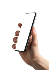 young adult caucasian male hand holding a premium modern matte black smartphone with a blank white screen against a high-key shadowless studio backdrop, isolated object template concept