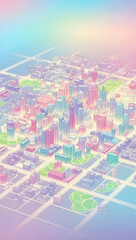 Vibrant cityscape with colorful buildings and pastel sky