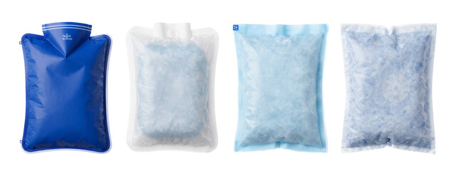 Naklejka premium Four plastic bags, from left to right: blue, translucent white, light blue, and white, all with textured, crumpled surfaces.