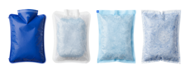Four plastic bags, from left to right: blue, translucent white, light blue, and white, all with textured, crumpled surfaces.