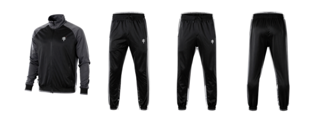 Black athletic jacket and pants set, displayed side by side, with the jacket on the left and pants on the right. Both have white logos and elastic waistbands.