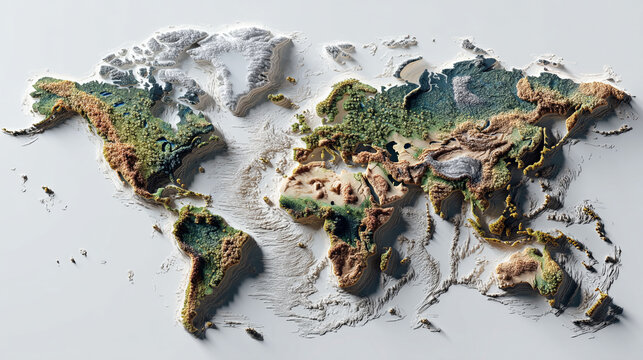 Detailed 3D topographic relief map of the world with natural land and ocean colors