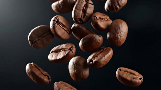 Roasted coffee beans in mid-air, a visual celebration of aroma, flavor and freshness. The beans appear to be gently floating, perfectly capturing their enticing essence