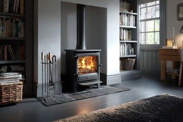 Cozy room with burning fireplace, shelves, and desk setting the scene