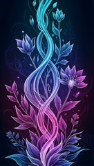 Vibrant floral design with swirling purple and blue leaves