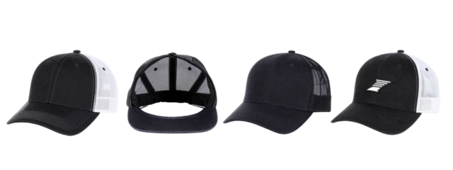 Photograph of four black and white baseball caps, shown from different angles, with mesh and solid fabric textures.