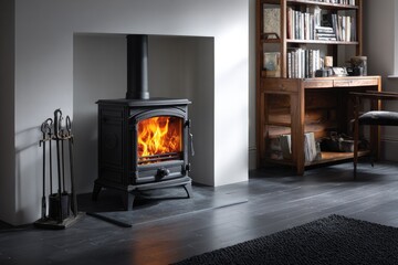 Glowing fireplace in white alcove; wood bookcase, dark floors