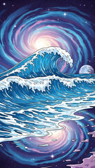 Cosmic ocean wave crashes in vibrant galaxy with swirling purple and blue lights