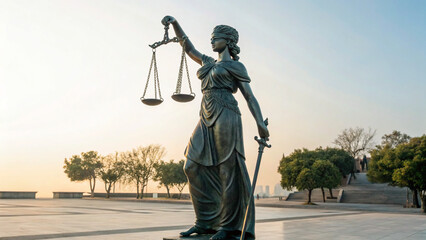 Statue of Lady Justice holding scales stands in a public park during sunset in a city