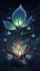 Glowing crystal plant growing in the dark with vibrant leaves