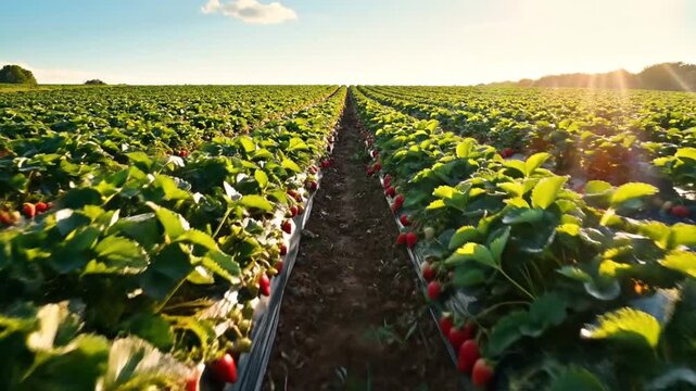 Lush strawberry fields under a bright sky at sunset, showcasing rows of vibrant plants with ripe berries ready for harvest, creating a picturesque agricultural scene