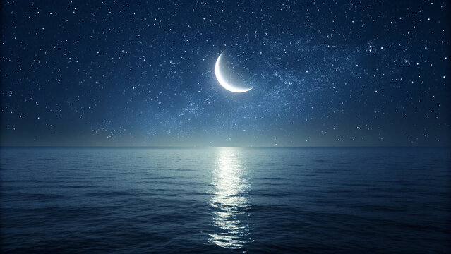Night sky with crescent moon and calm sea reflecting stars and light