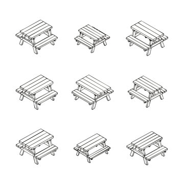 Nine isometric picnic table illustrations arranged in a grid pattern