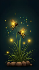 Magical fireflies glowing on grassy plants at night
