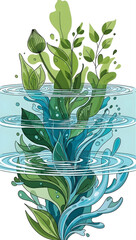Vibrant aquatic plants emerging from water with ripples and splashes