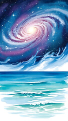 Vibrant galaxy swirls above serene ocean waves at dusk