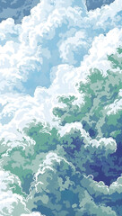 Vibrant blue sky with fluffy white clouds and green trees