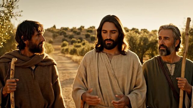 Jesus Christ walking and talking with two disciples on the Road to Emmaus after the Resurrection. Cinematic AI generated video of the Risen Lord explaining scriptures to his followers.