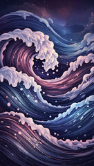 Vibrant cosmic wave crashing under starry night sky with swirling purple hues
