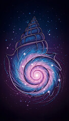 Vibrant cosmic seashell swirling with purple and blue galaxy light