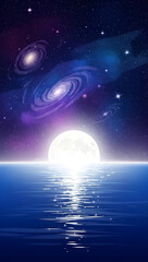 Stunning cosmic landscape with bright moon over serene ocean waters