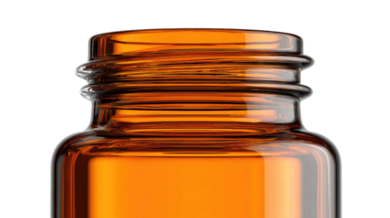 An isolated empty brown glass medicine bottle with a transparent glass jar, pharmaceutical vial, and cork cap container on a white background for healthcare pharmacy packaging
