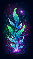 Vibrant glowing plant with swirling cosmic elements in space