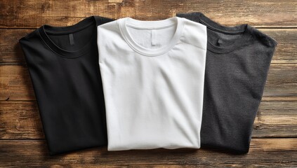 Three folded shirts black, white, gray on wood grain