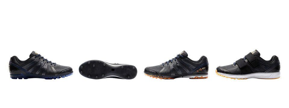 Four black running shoes, side view, front view, and sole view, with textured patterns, blue and orange midsoles.