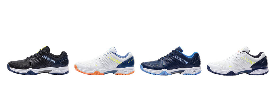 Four athletic shoes, side view, from left to right: black with blue accents, white with orange and blue accents, dark blue with blue accents, white with blue and yellow accents.
