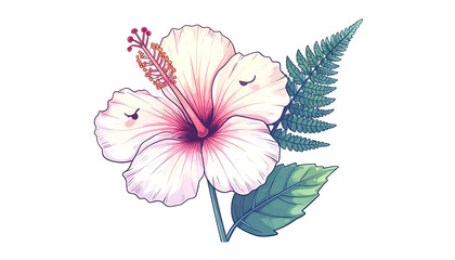 Softly colored floral illustration featuring a hibiscus, fern, and foliage, on black backdrop