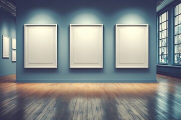 Empty frames in art gallery. Polished floor reflects light