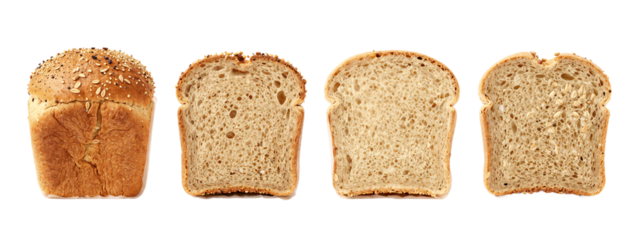 Four slices of whole wheat bread, each with a slightly different texture and color. The first slice is topped with seeds, while the others are plain.