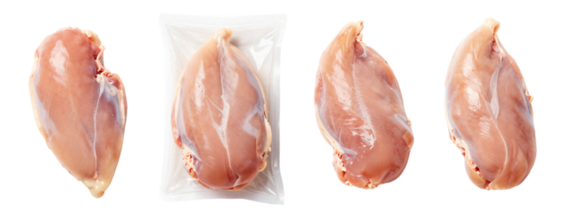 Photograph of five raw, glossy, pinkish-brown pork fillets, four on , one in clear plastic bag.