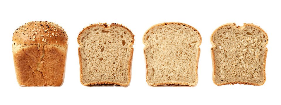 Four slices of whole wheat bread, each with a slightly different texture and color. The first slice is topped with seeds, while the others are plain.