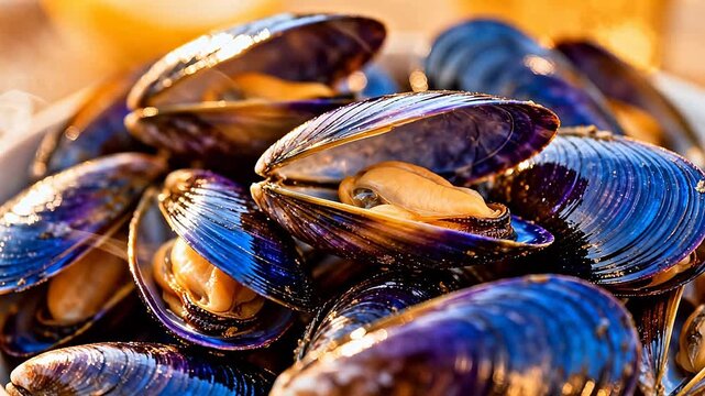 Fresh mussels with open shells