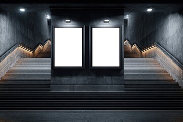 Empty billboards flank illuminated stairs in urban, concrete setting