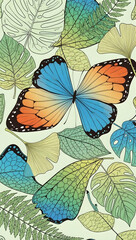Vibrant butterflies and colorful leaves in tropical illustration